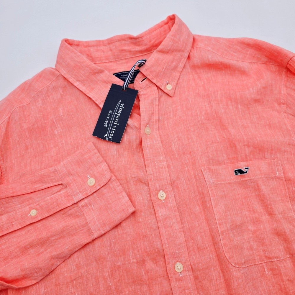 Vineyard Vines Mens XL Solid 100% Linen Shirt Passion Fruit Long Sleeve NWT